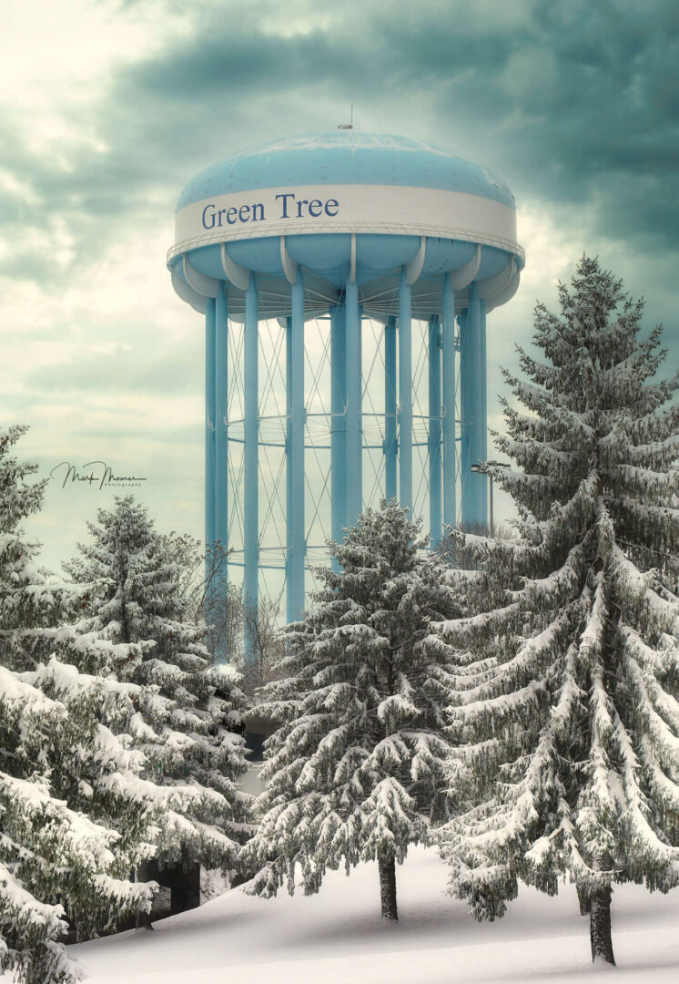 water tower with snowy landscape