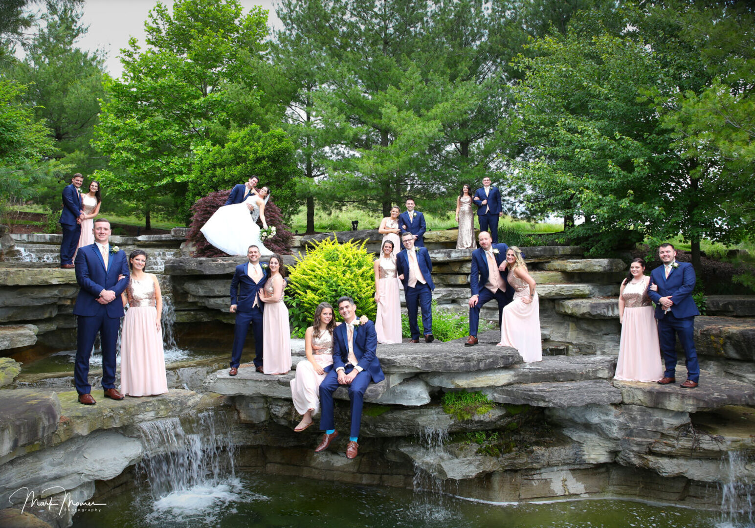 bridal party posing on rocks with a waterfall