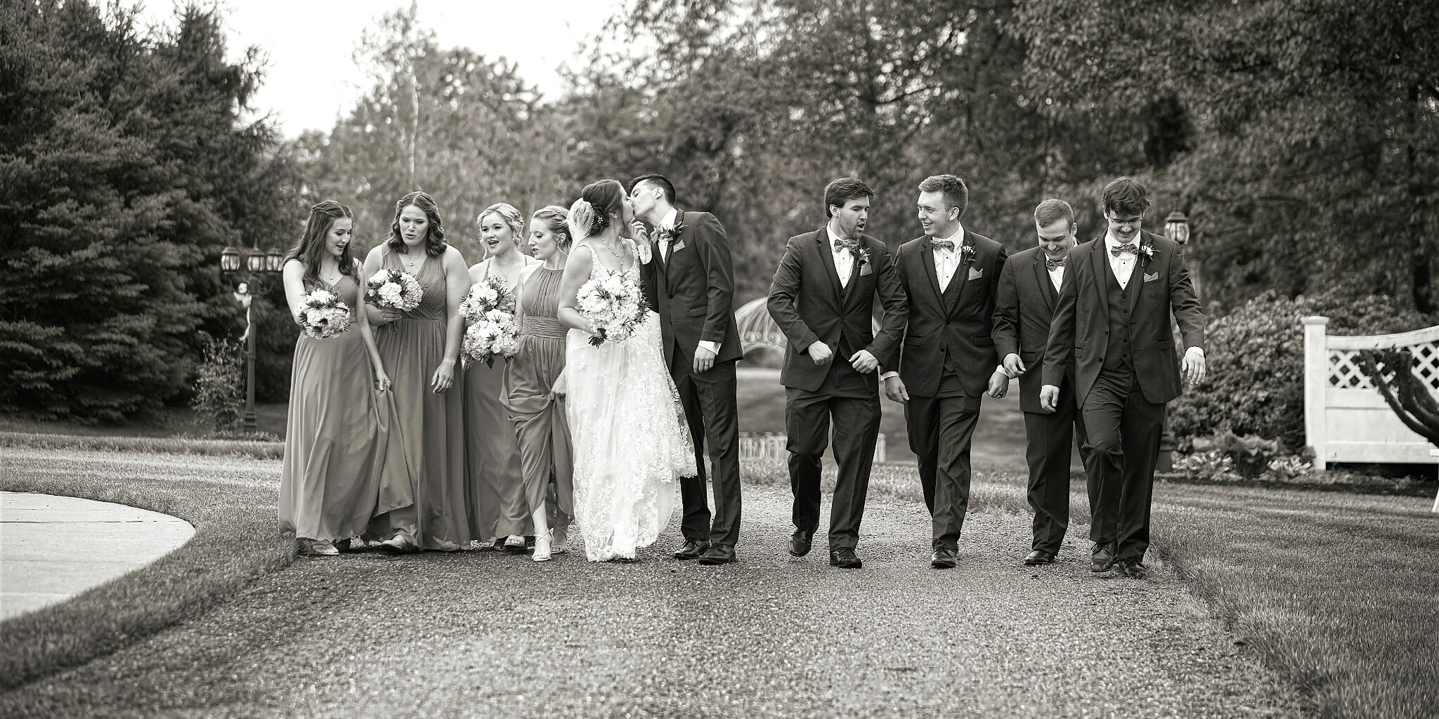 wedding party group posing at Greystone Fields in Pittsburgh